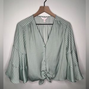 LC Lauren Conrad - Crop Blouse Flutter Sleeve Button Tie - Green w White Stripe